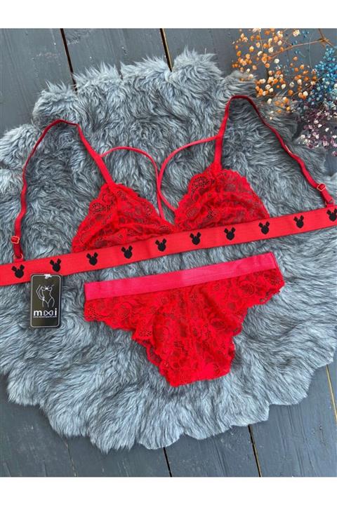MOOİ Kırmızı Dantelli Önden Ipli Mickey Mause Desenli Bralet Takım