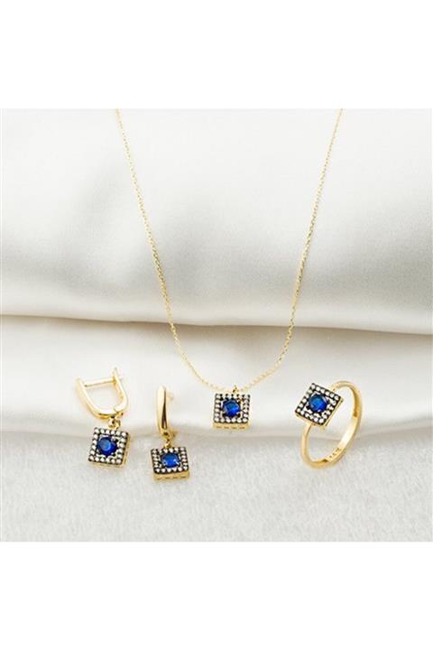 Bilezikci Mavi Taşlı 14 Ayar 3'lü Altın Set