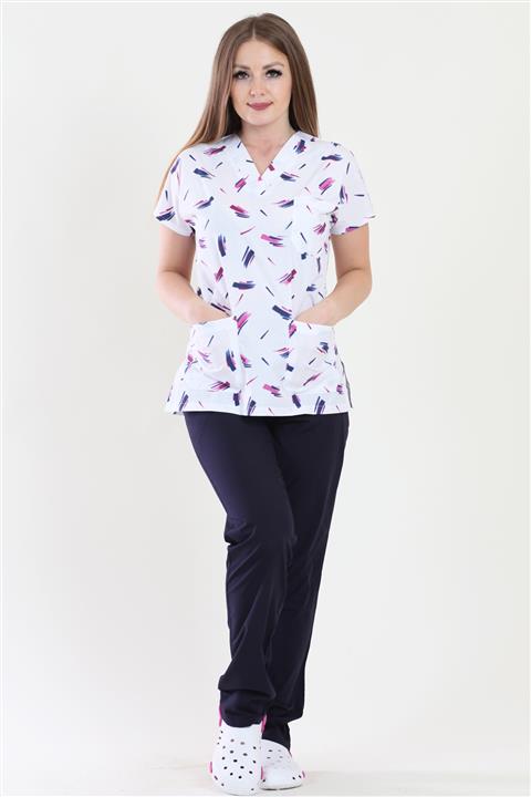 ModaCanel Moda Canel V Yaka Hemşire Doktor Fırça Desenli Forma Takım Medikal Takım