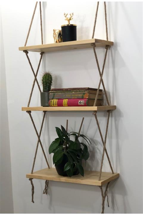 O&A WOOD Halatlı Doğal Ahşap Dekoratif Duvar Rafı, 3 Katlı Ahşap Çiçeklik, Retro Hasır Ipli Ahşap, Renksiz