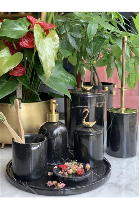 mar&more Siyah Mermer 7'li Kuğu Banyo Seti