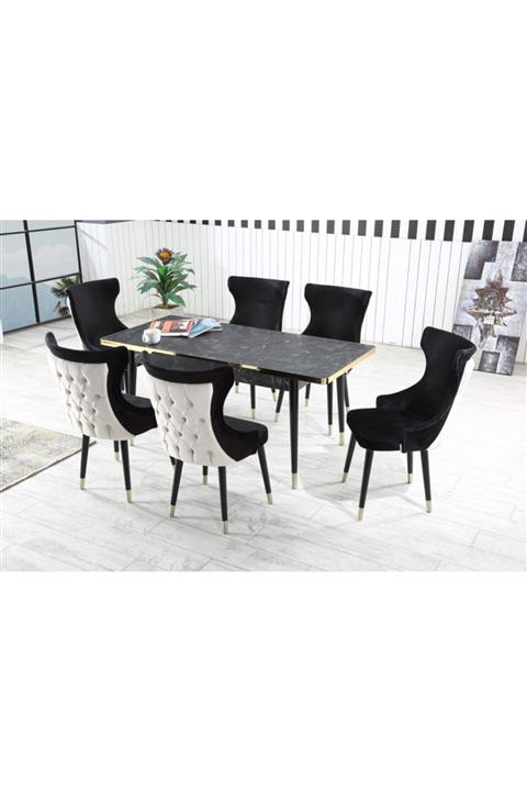 Ervo Nirvana Siyah-krem Salon Mutfak Yemek Masa Takımı 6 Sandalyeli