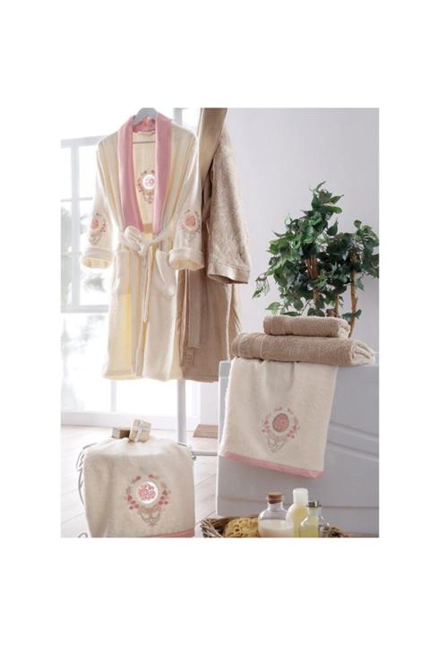 Taç Ekru-Camel Bamboo Flora Aile Bornoz Seti