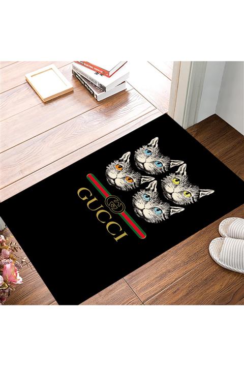 Emiroğlu Siyah Zemin Kedi Gucci Desen Deri Taban Marka Paspas
