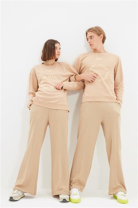 TRENDYOL MAN Taş Unisex Nervürlü Wide Leg Örme Eşofman Altı TMNAW22EA0355