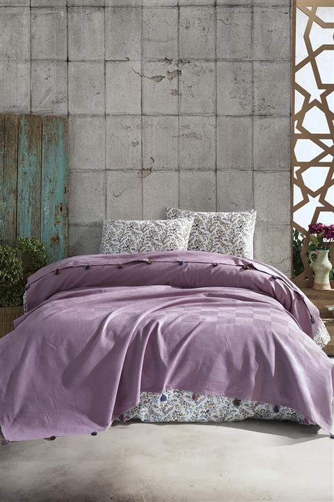 Viaden Pony Çift Kişilik Ponponlu Pike Takımı - Mürdüm