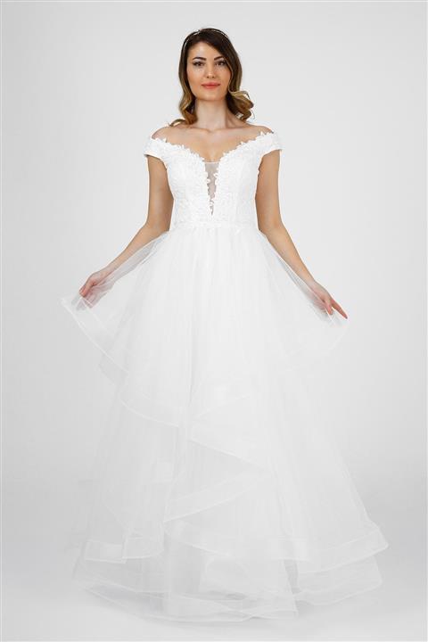 VOLAN Prenses Model Gelinlik Üstü Tül Üzeri Aplike Işlemeli Altı Tül Gelinlik
