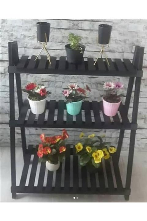 adımshops Siyah Ahşap 3 Bölmeli Dekoratif Saksılık 85x67 Cm