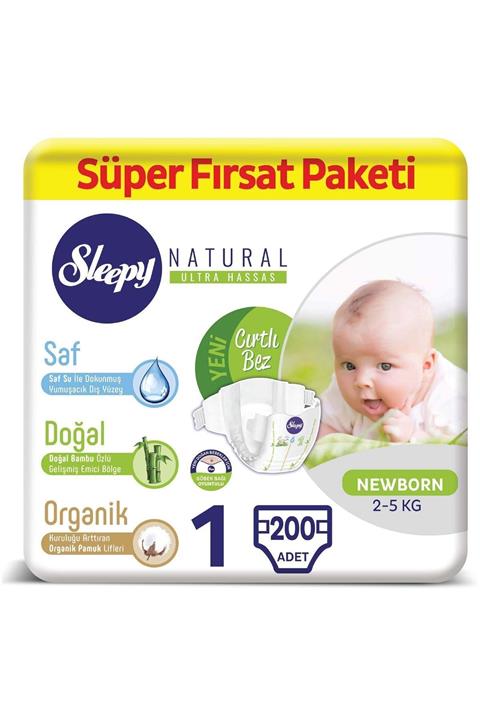 Sleepy Natural Bebek Bezi 1 Numara Yenidoğan Süper Fırsat Paketi 200 Adet