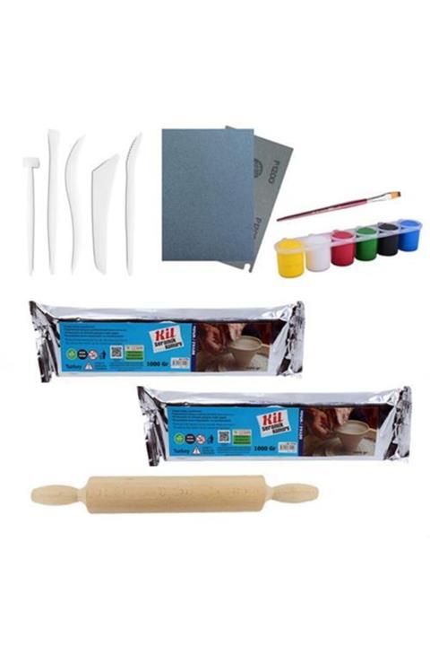 Hobialem Kil Hamuru Set-6, Seramik Hamuru, 2 Kg Beyaz Kil, Ebeşuar Merdane, Boya, Fırça, Zımpara