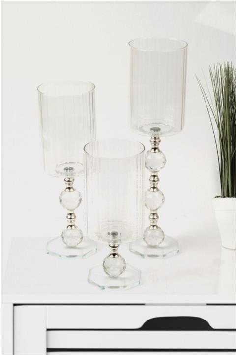 Pazarika Gümüş Kristal Topuz Ayaklı Dekoratif Cam Şamdan Mumluk