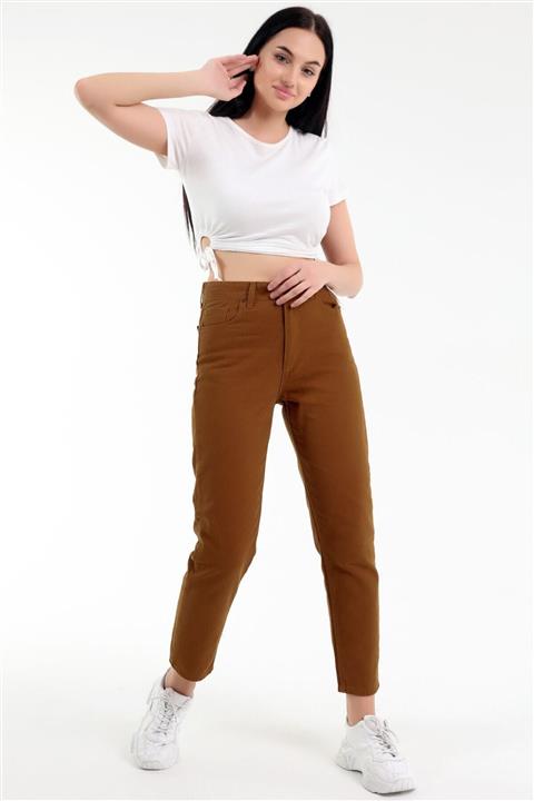RenklyModa Yüksek Bel Rahat Kesim Yumuşak Dokunuşlu Mom Keten Kot Pantolon