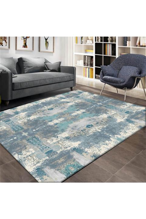 Else Halı Mavi Suluboya Eskitme Desenli Lastikli Halı Örtüsü 160x230 cm