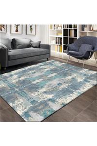 Else Halı Mavi Suluboya Eskitme Desenli Lastikli Halı Örtüsü 160x230 cm