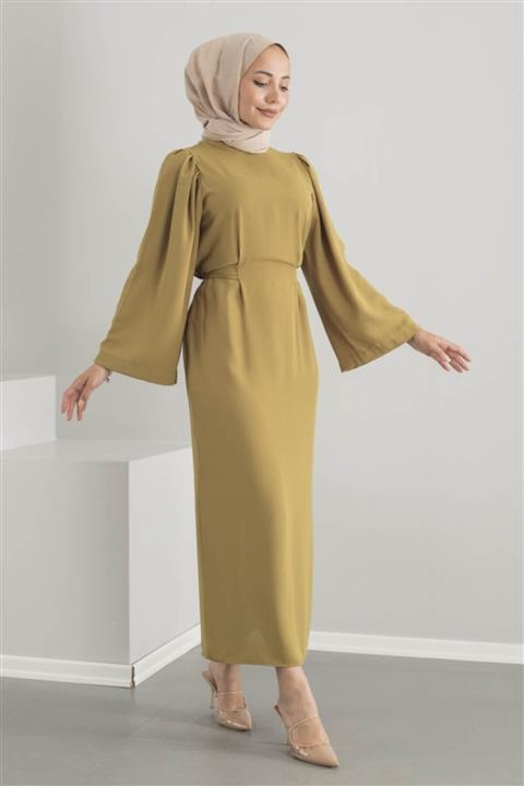 Meri Store Kendinden Kemerli Yağ Yeşili Elbise