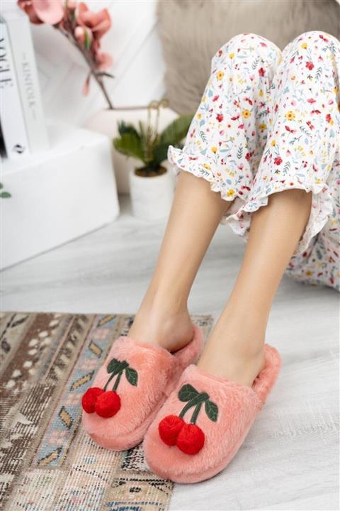 AYŞEM Kadın Kiraz Desenli Gül Kurusu Rengi Ev Terliği