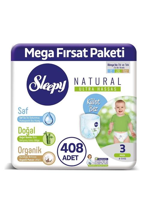 Sleepy Natural Külot Bez 3 Numara Midi Mega Fırsat Paketi 408 Adet