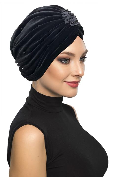 fidan bone Kadife Özel Tasarım Füme Aplike Siyah Kristal Serpme Siyah Astarlı Hazır Türban Tesettür Bone