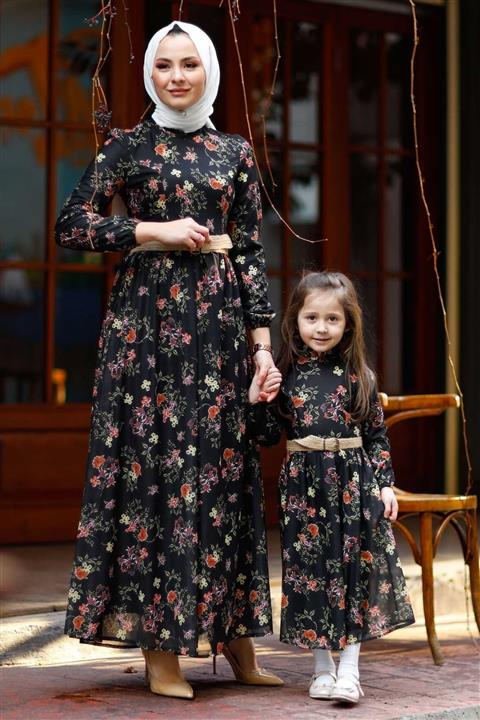 Modamihram Büyük Çiçekli Anne Elbise Siyah