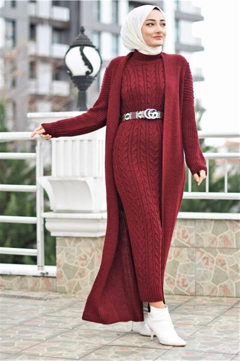 modamafra Hırka Elbise Triko Tesettür Takım - Bordo