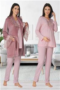 Effortt 8088 Pembe Kadife Sabahlıklı Dantelli Lohusa Pijama Takımı