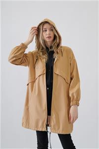 AJYMODA Kadın Kapüşonlu Oversize Yağmurluk Camel