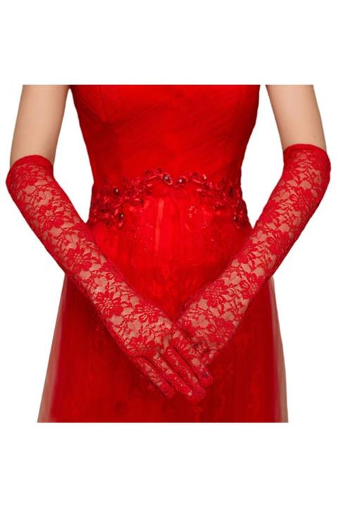 Samur Kırmızı Uzun Boy Dantelli Eldiven