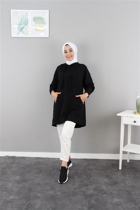 Esvet Kadın Siyah Tesettür Kapüşonlu Kanguru Cepli Sweatshirt