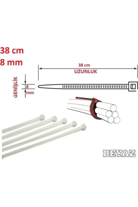 Pemsan (100 ADET) 38cm X 8mm Plastik Cırt Kelepçe (kablo Bağı ) Saydam-beyaz