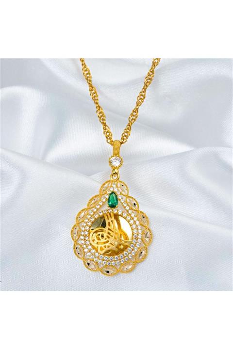 Bilezikci Damla Tuğralı Yeşil Taşlı Altın Kolye