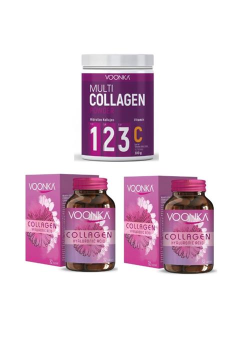 Voonka Collagen, Hyaluronic Acid 32 Tablet X2 Adet + Multi Collagen Powder 300 Gr