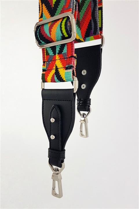 FAEN Masume Gökkuşağı Siyah Deri Üçgen Uç Detaylı Etnik Desenli Çanta Askısı Silver Metal