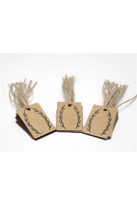Vice Kraft Fiyat / Hediye Etiketi / Jüt (hasır) Ipli Yaprak Baskılı 30 Adet Etiket (4x6 Cm)