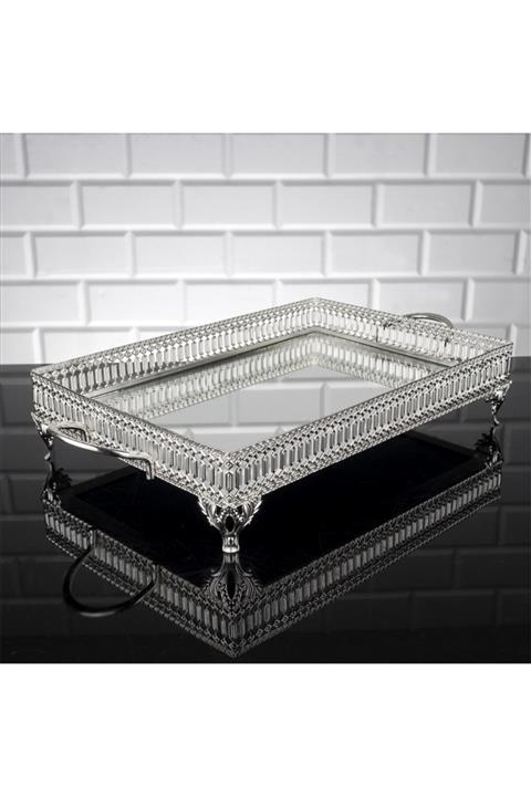 Zeyve Inci Dikdörtgen Orta Aynalı Sunumluk Servis Ve Çikolata Tepsisi Tepsi 44x24 Cm. Gümüş Rengi