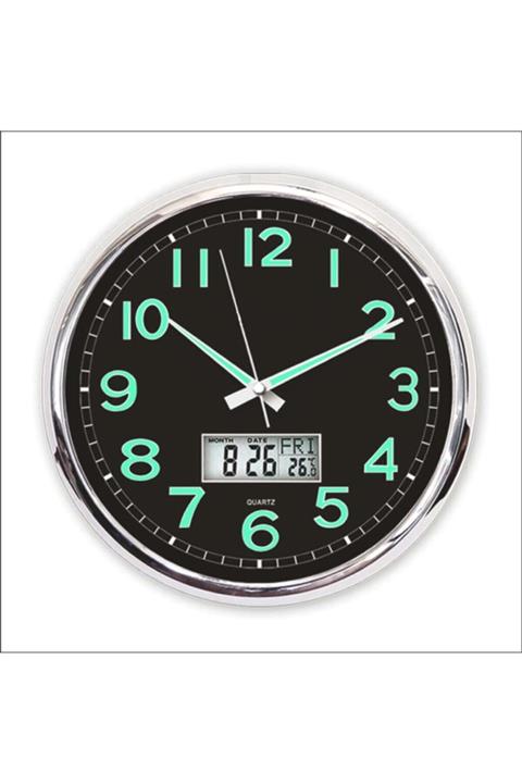 M3DECORİUM Fosforlu Termometreli Dijitalli Siyah Zeminli 32cm Duvar Saati