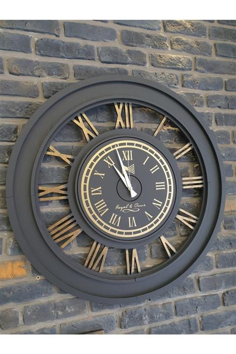 montana design Dekoratif Ahşap Eskitme Duvar Saati ( Siyah / Gold ) 0027 Isime Özel Yapılabilir .çap 75 Cm