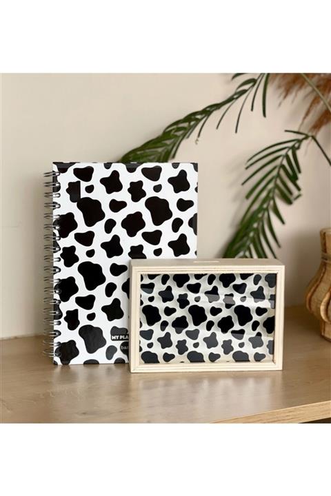 Gift Moda İnek Tasarımlı Konuşan Ajanda Ve Ahşap Kumbara Hediye Seti