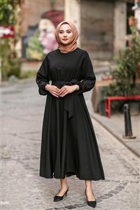 CNG MODA Kadın Tesettür Siyah Mevlana Kuşaklı Elbise