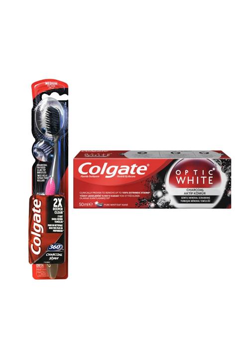 Colgate Optic White Aktif Kömür + 360 Charcoal Siyah Diş Fırçası Seti