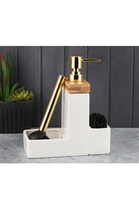 YzHome Rico Bambulu Porselen Sıvı Sabunluk Fırçalı Süngerli Deterjanlık