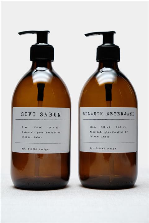 TriChi Design 500ml Amber Cam Sıvı Sabunluk Pp Beyaz Etiket ( 2 Adet )