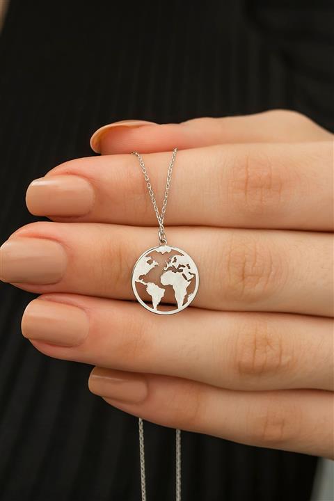 dzgsilver 925 Ayar Gümüş Dünya Haritası Kolye Küçük Boy Dn554