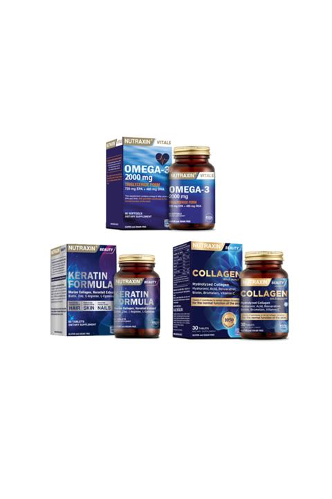 Nutraxin Omega 3 Balık Yağı 2000 Mg 60 Kapsül + Hidrolize Kolajen 30 Tablet + Keratin Formula 60 Tablet