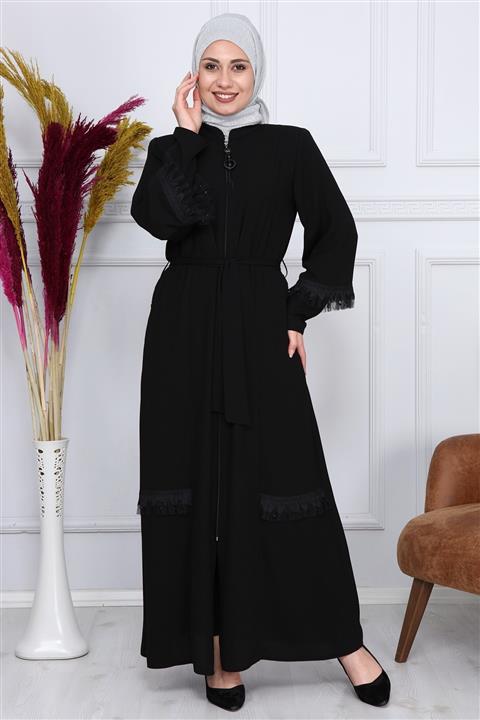 Moda Çizgi Kolları Inci Ve Dantelli Ferace 2172 Siyah