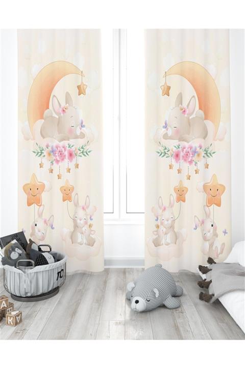 EVPANYA Sevimli Tavşanlar Lightout Saten Fon Perde ( Tek Kanat )