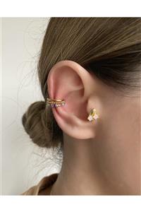 Okkostore Kadın Gold Renkli Taşlı Sıkıştırmalı Kıkırdak Küpesi Earcuff