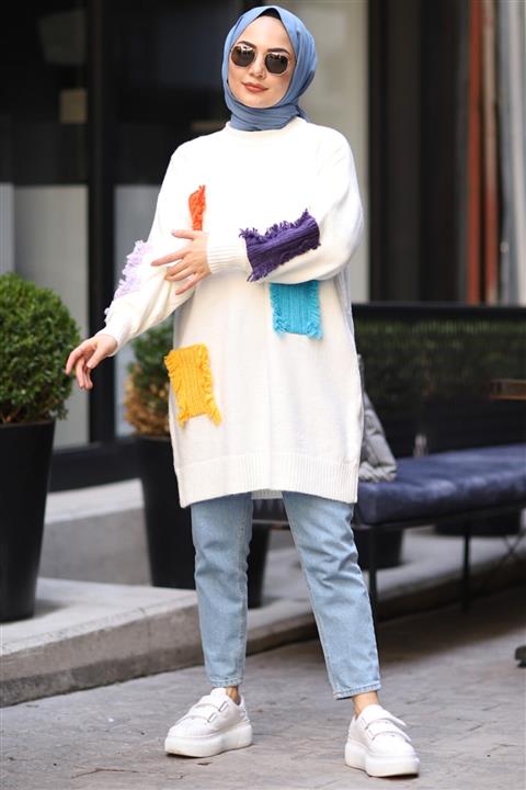 Moda Sahra Renkli Parçalı Ekru Triko Kazak Ekru