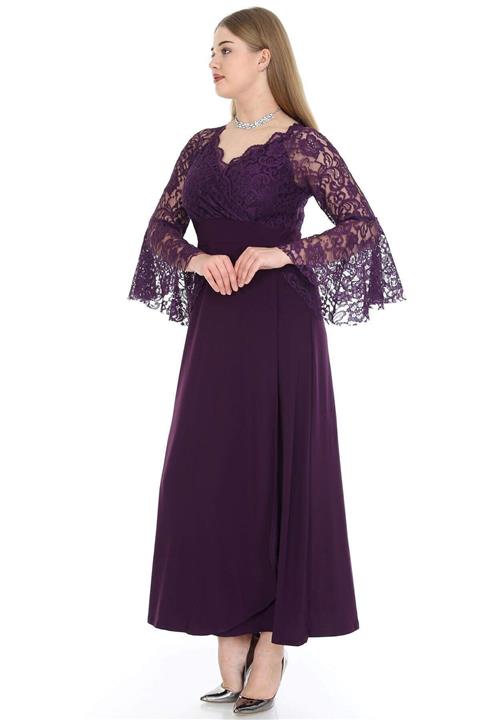 ANGELINO Kadın Mor Kolları Volanı Uzun Abiye Elbise KL8756-20