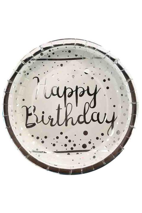 whiteavm Tabak Sılver Happy Bırthday Parlak Varak Baskılı Beyaz Pk:6