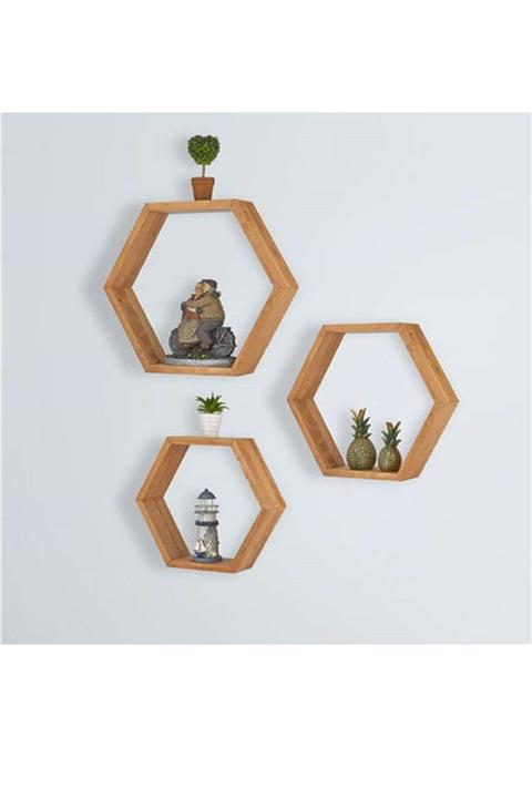 Ahşap Altıgen Duvar Rafı